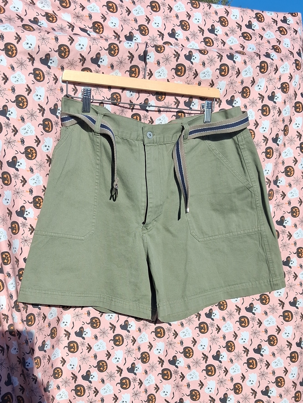 Olive Green Women's Utility Shorts with Stripe Belt